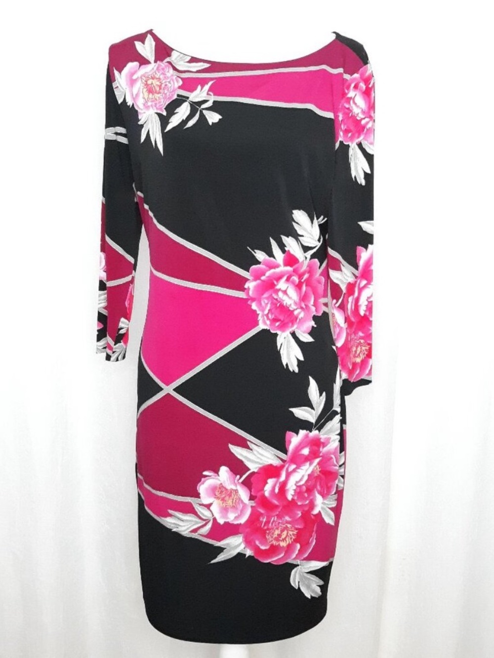 Cache Black and Pink Floral Long Sleeve Dress